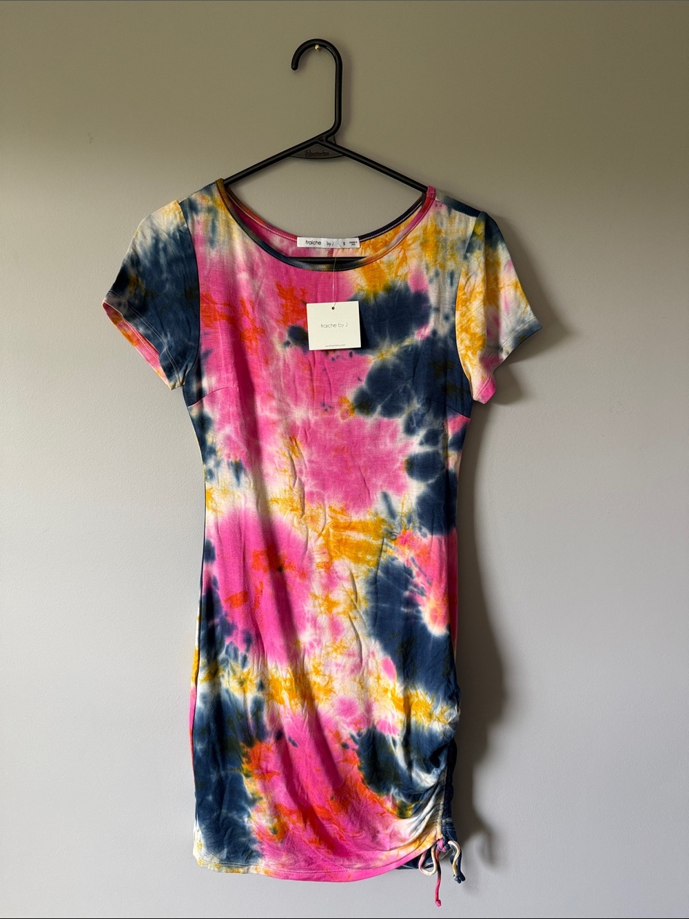 Tie-Dye Short Sleeve Mini Dress - Pink, Navy & Yellow